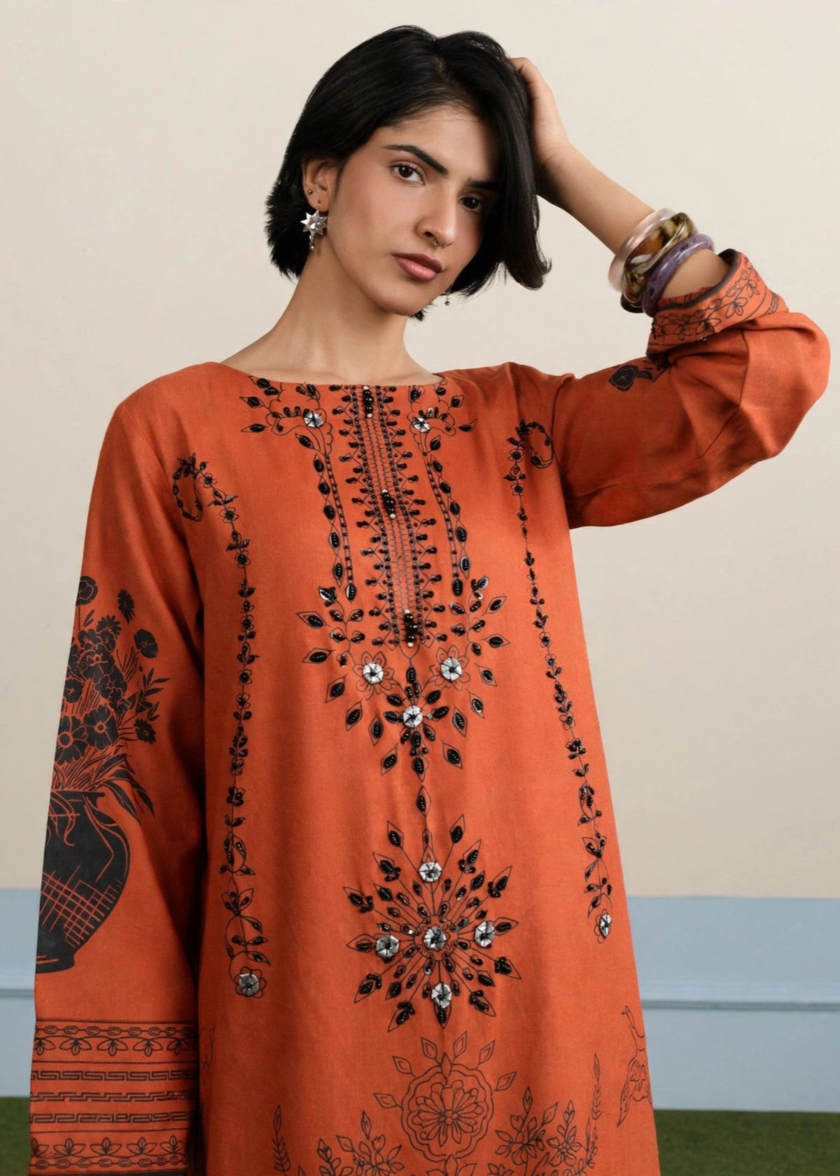 Winter Wear Rust Orange Embellished Dhanak Kaftan Online in Dubai DXB UAE Abudhabi Meena Bazaar