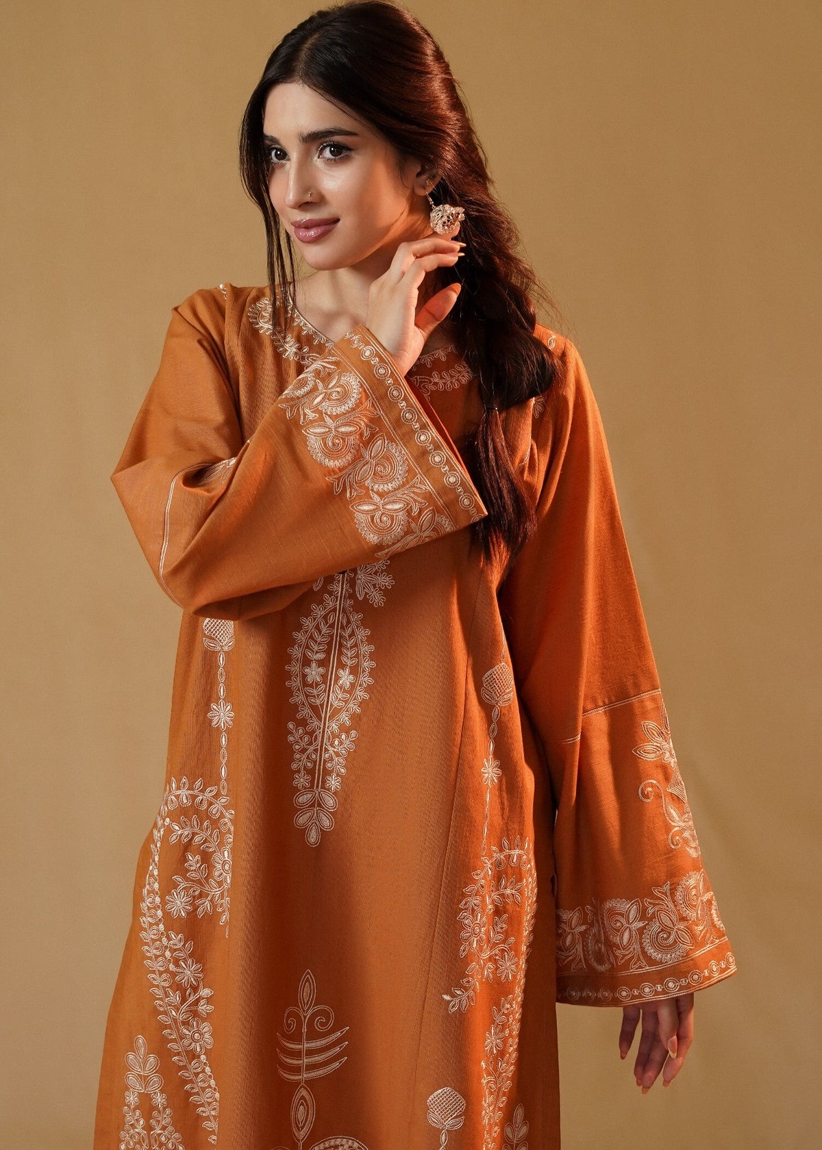 Winter Wear Rust Orange Slub Khaddar Pakistani Kurta Set Online in KSA Riyadh Saudi Arabia Oman Bahrain Qatar