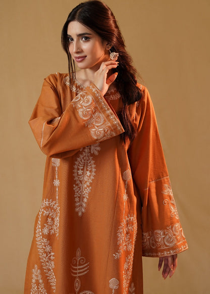 Winter Wear Rust Orange Slub Khaddar Pakistani Kurta Set Online in KSA Riyadh Saudi Arabia Oman Bahrain Qatar