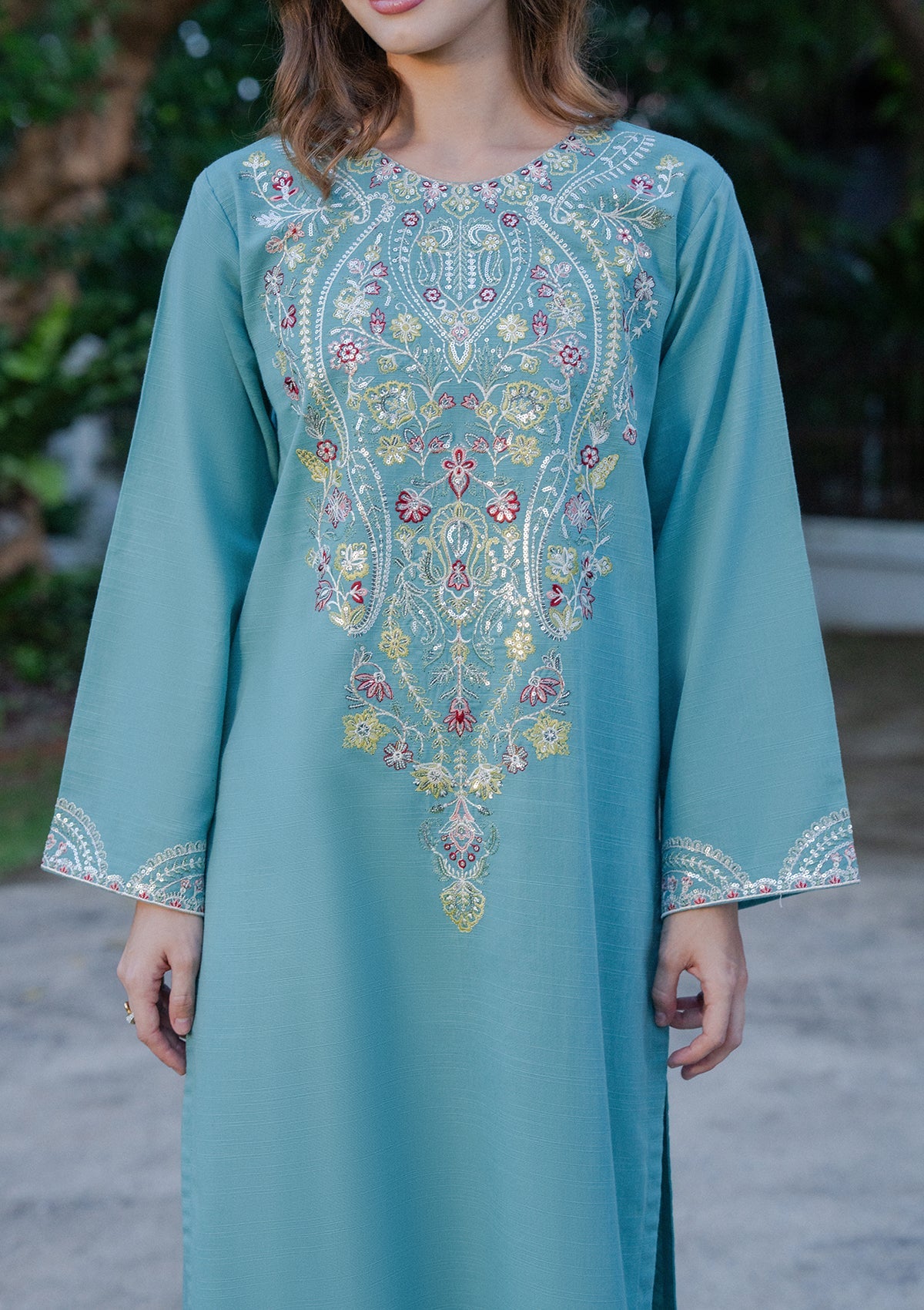 Winter Wear Sky Embroidered Khaddar Kurta Set Online in Sri Lanka India Australia