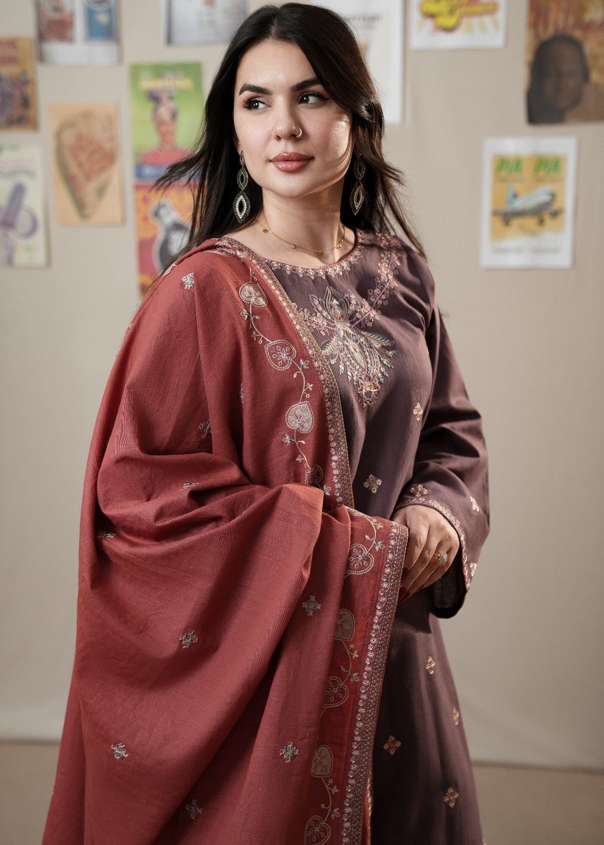 Winter Wear Umber Brown Embroidered Shalwar Kameez Online in UK USA Canada