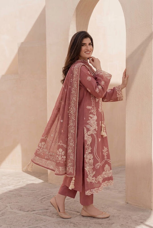 Tea Rose Pink Embroidered Dhanak Winter Suit