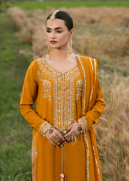 Women Embellished Mustard Silk Festive Suit Online in UK USA Canada