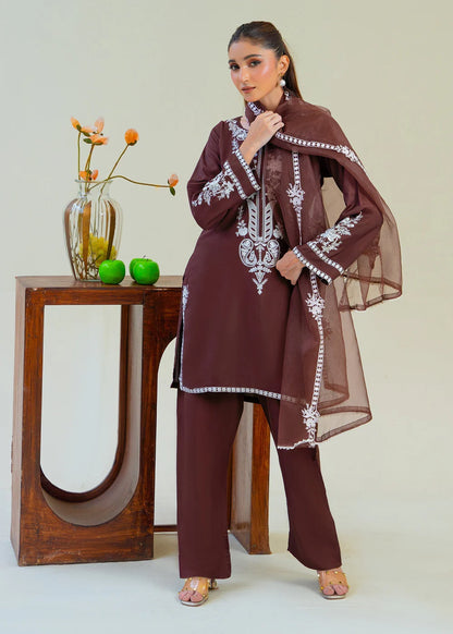 Brown Viscose Raw Silk Embroidered Kurta Set with Dupatta