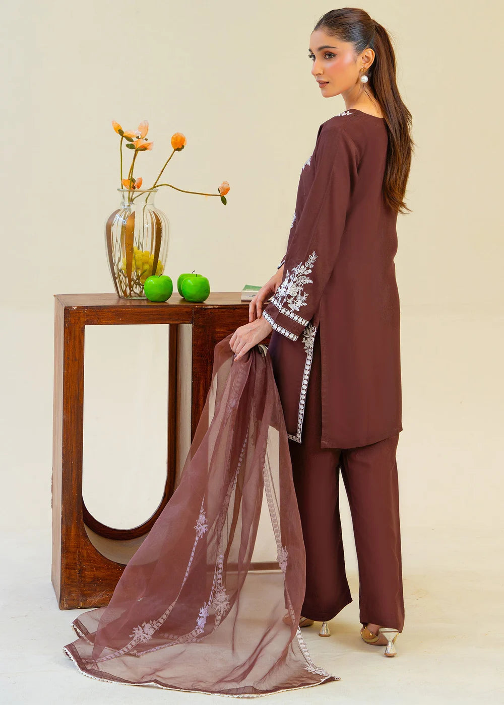 Brown Viscose Raw Silk Embroidered Kurta Set with Dupatta