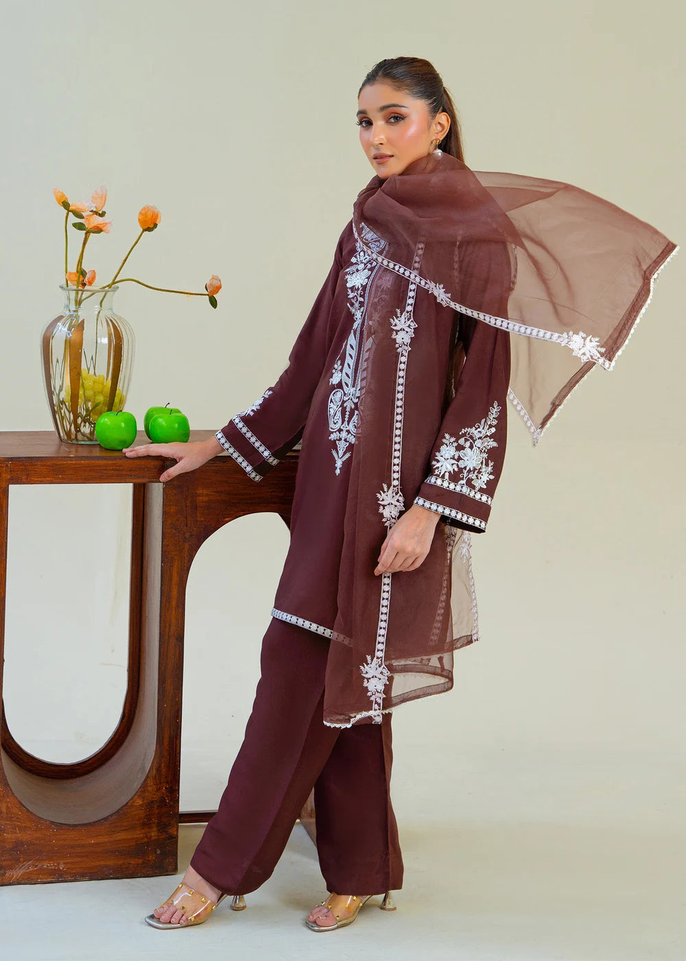 Brown Viscose Raw Silk Embroidered Kurta Set with Dupatta