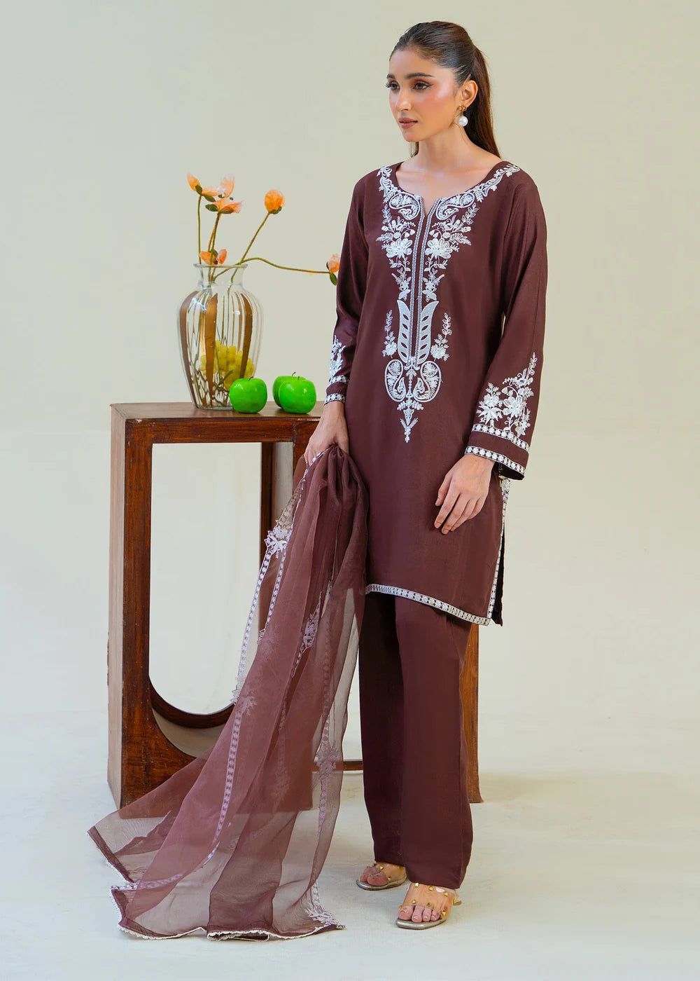 Brown Viscose Raw Silk Embroidered Kurta Set with Dupatta