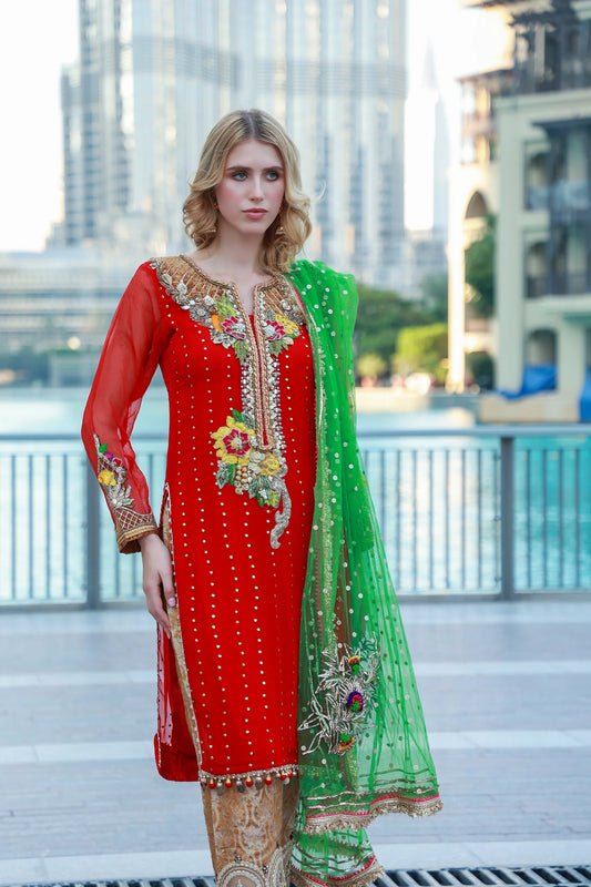 Hand Embroidered Red Pure Chiffon Suit