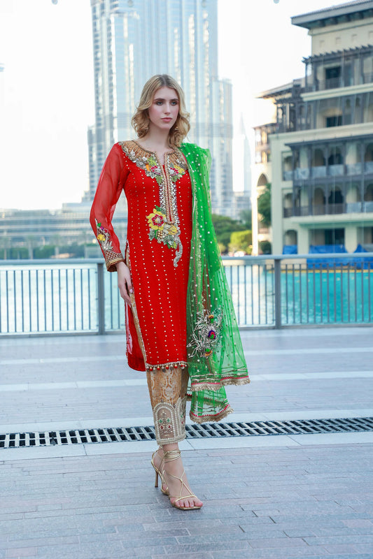 Hand Embroidered Red Pure Chiffon Suit