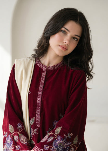 Women's Claret Dhanak Embroidered Salwar Kameez Online in KSA Riyadh Saudi Arabia Oman Bahrain Qatar