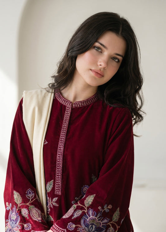 Women's Claret Dhanak Embroidered Salwar Kameez Online in KSA Riyadh Saudi Arabia Oman Bahrain Qatar