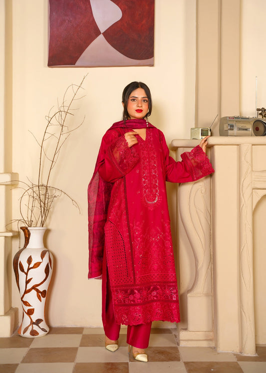 Women's Embroidered Cherry Red Lawn Salwar Kameez Online in KSA Riyadh Saudi Arabia Oman Bahrain Qatar