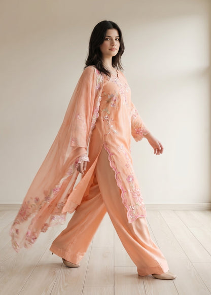 Women's Peach Embroidered Lawn Cotton Pakistani Suit Online in KSA Riyadh Saudi Arabia Oman Bahrain Qatar