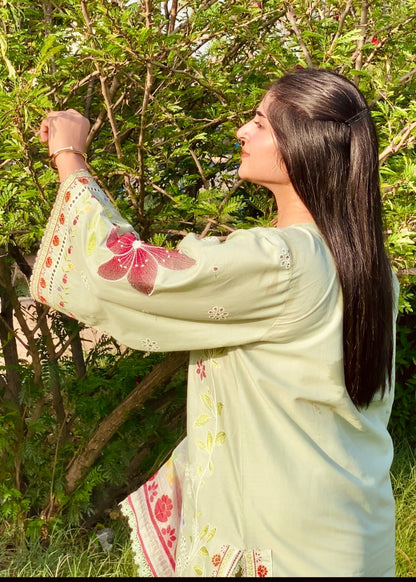 Women's Pistachio Embroidered Lawn Dress Material Online in KSA Riyadh Saudi Arabia Oman Bahrain Qatar