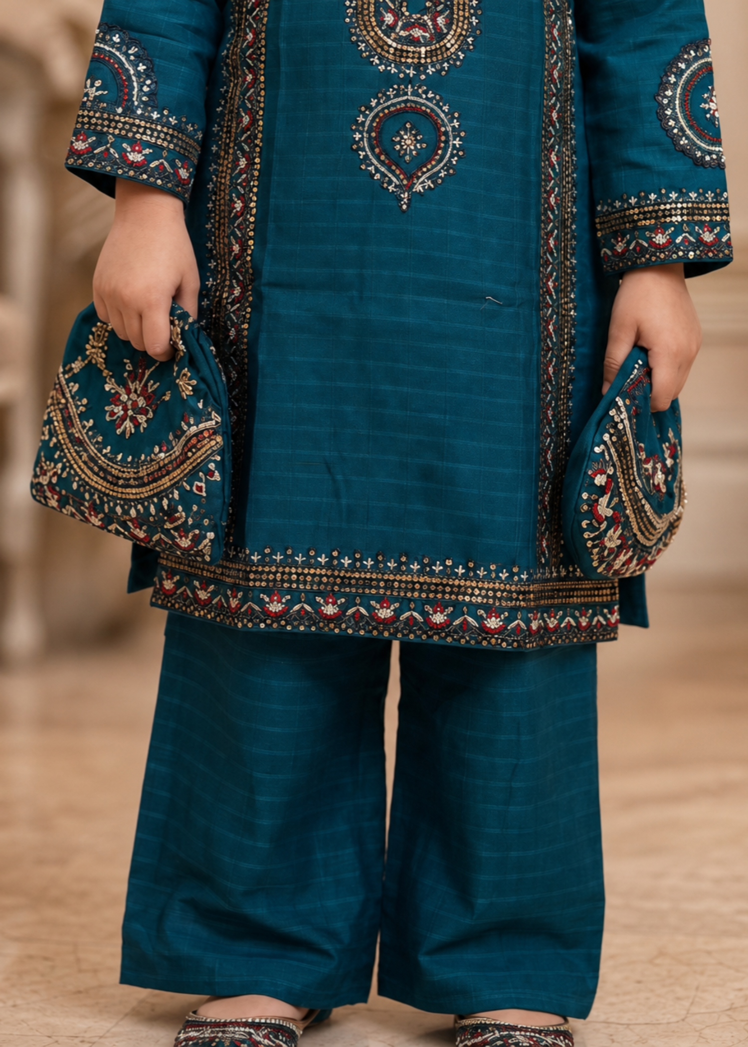 Yale Blue Cotton Kurta with Embroidery Online in Sri Lanka India Australia