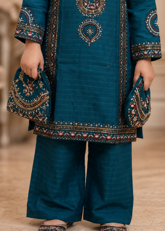 Yale Blue Cotton Kurta with Embroidery Online in Sri Lanka India Australia