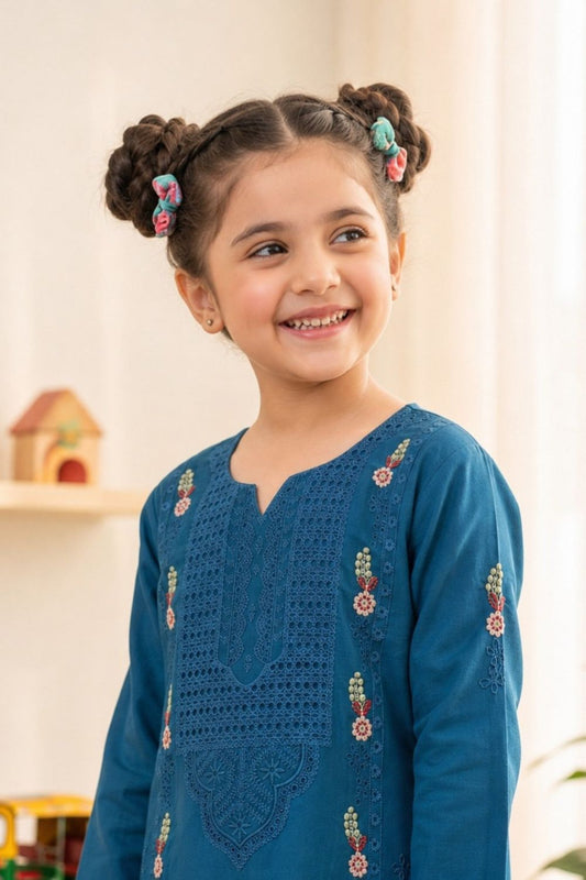 Yale Blue Embroidered Cotton Kurta Set for Girls Online in Dubai UAE Abudhabi Ajman Sharjah