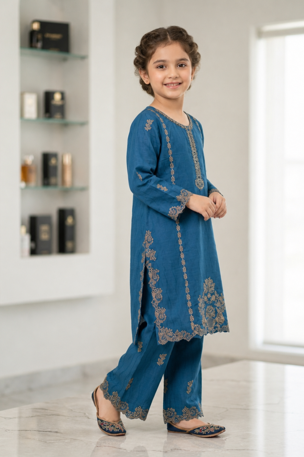 Yale Blue Embroidered Cotton Kurta Set for Girls Online in Dubai UAE Abudhabi Ajman Sharjah