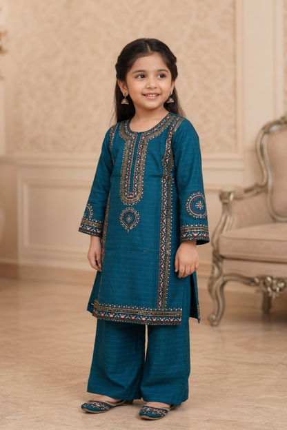 Yale Blue Embroidered Cotton Kurta Set Online in Dubai UAE Abudhabi Ajman Sharjah