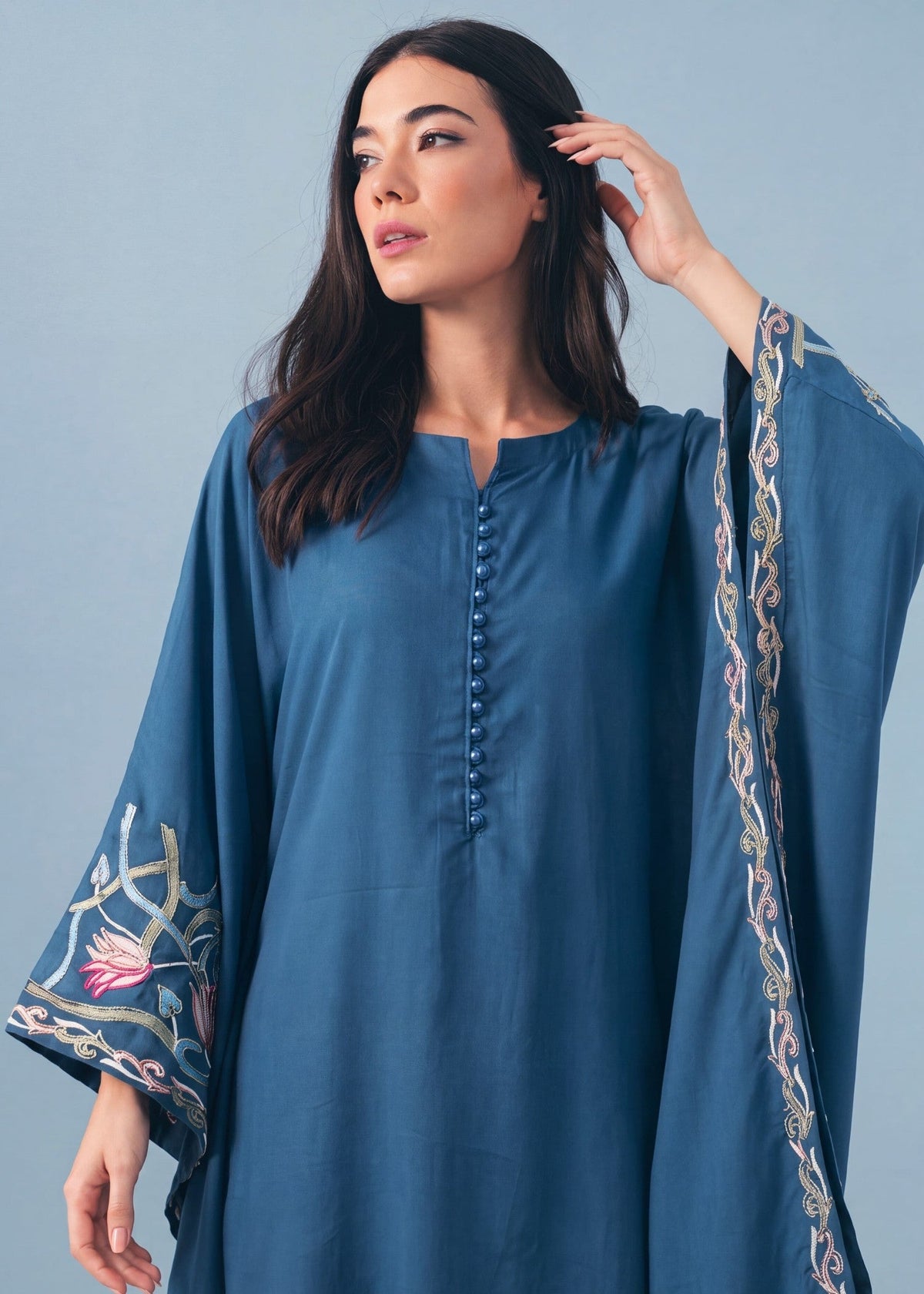 Yale Blue Short Kaftan Dhanak Salwar Kameez Online in KSA Riyadh Saudi Arabia Oman Bahrain Qatar