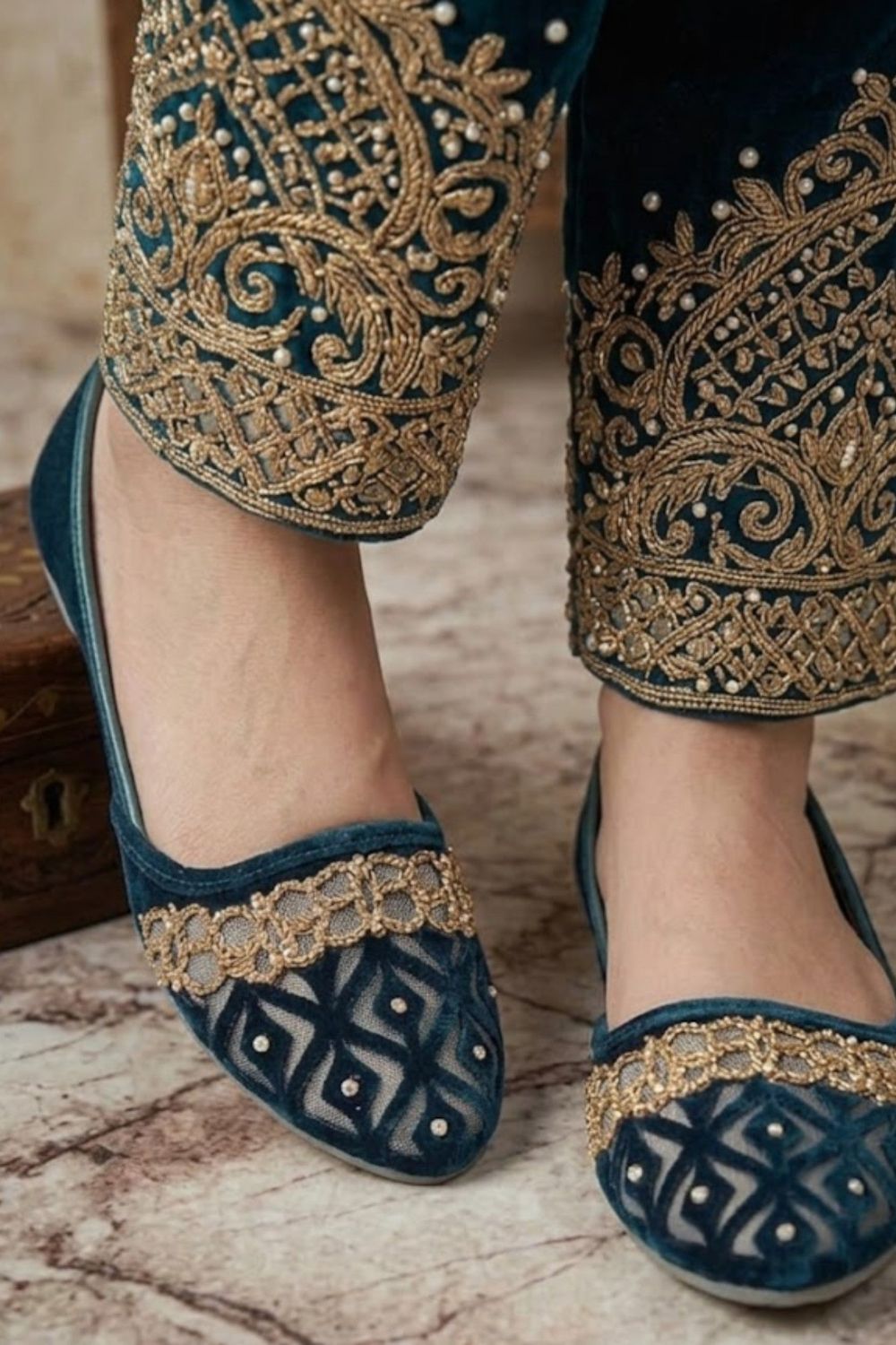 Yale Blue Velvet Embroidered Jutti Online in Dubai UAE Abudhabi Ajman Sharjah