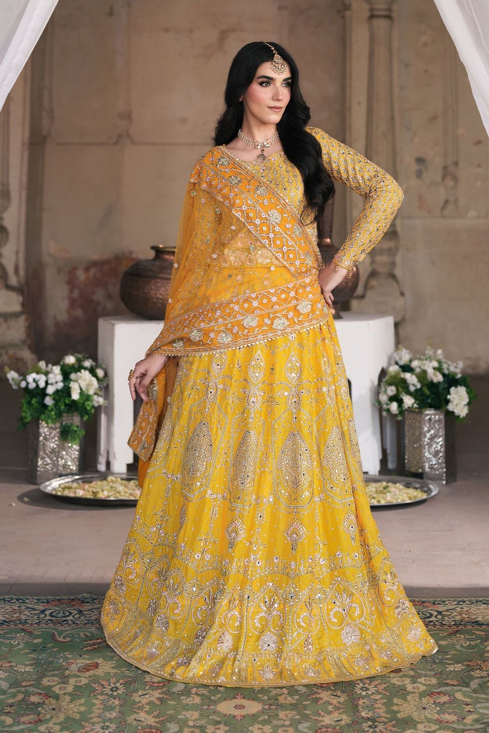 Yellow Chiffon Net Festive Lehenga Online in Dubai UAE Abudhabi Ajman Sharjah