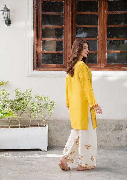 Yellow Cotton Embroidered 2 Piece Suit Online in Dubai UAE Abudhabi Ajman Sharjah