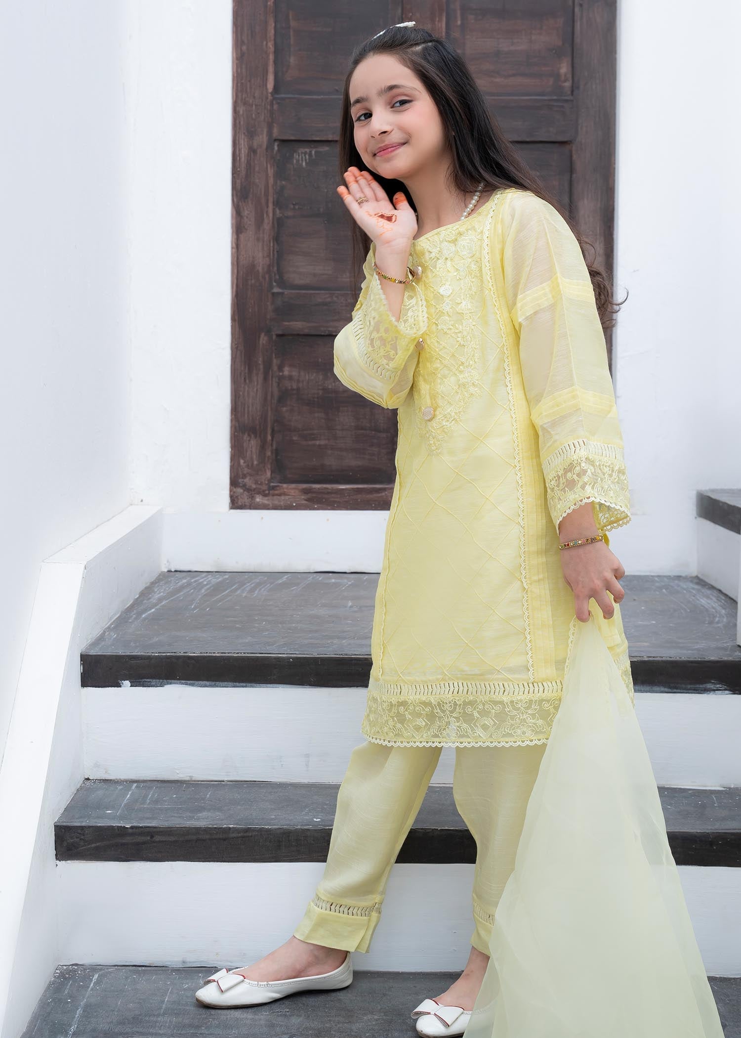 Yellow Cotton Embroidered Festive Suit for Girls Online in KSA Riyadh Saudi Arabia Oman Bahrain Qatar