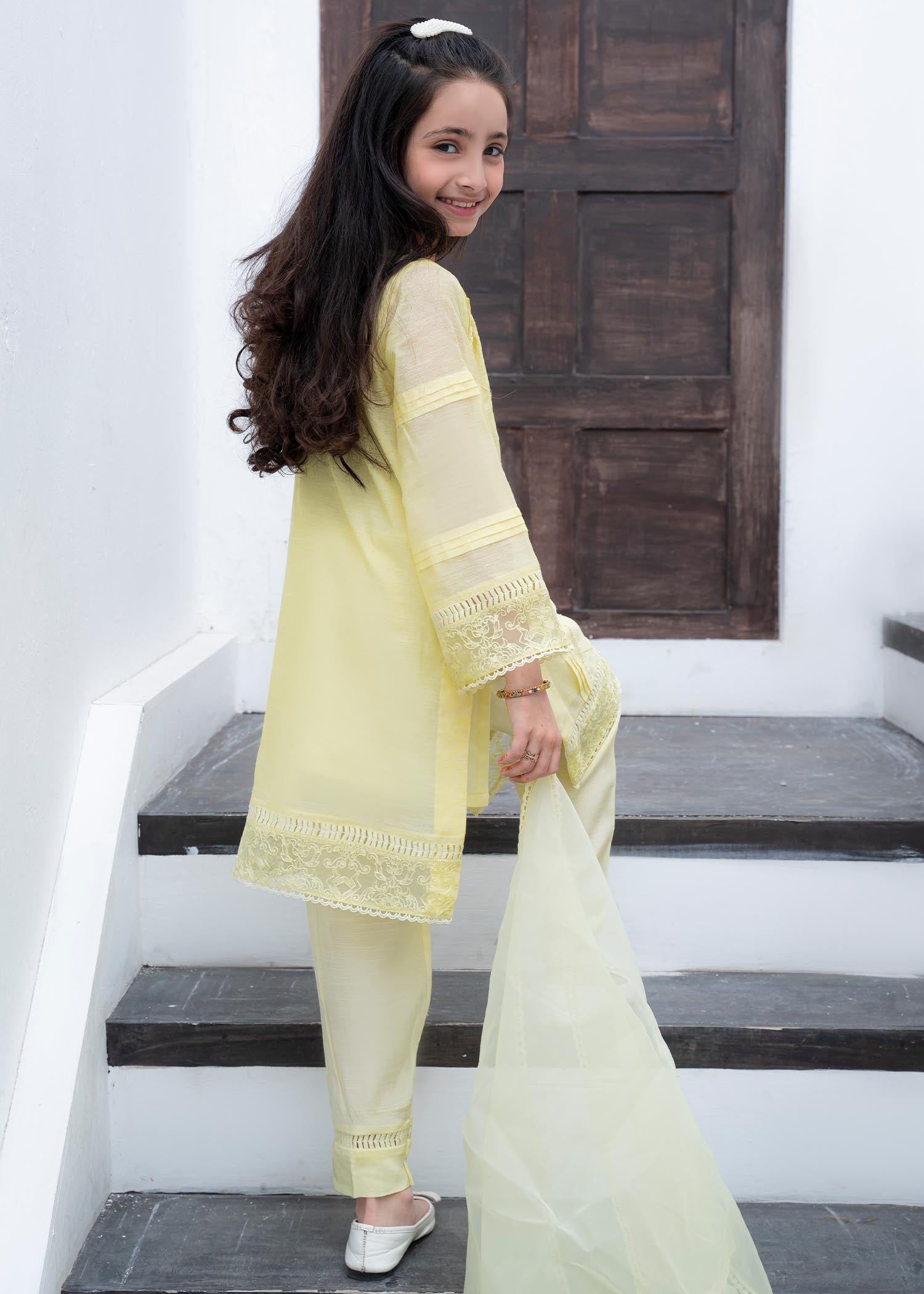 Yellow Cotton Embroidered Kurta for Girls Online in UK USA Canada
