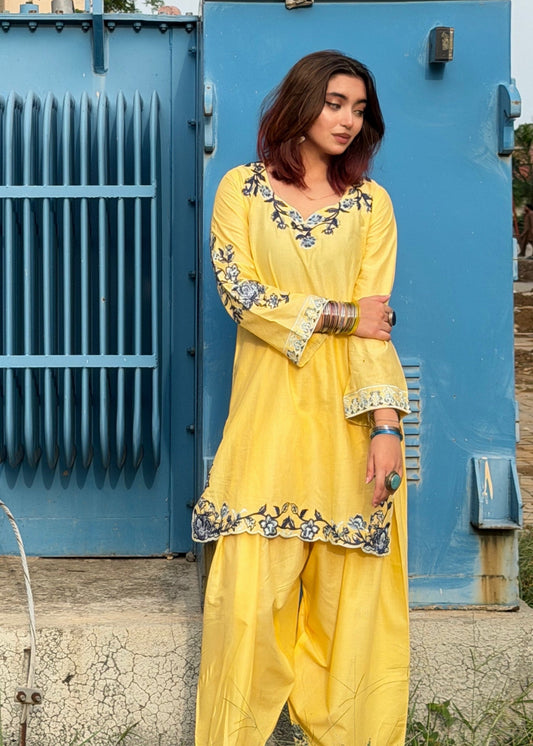 Yellow Cotton Embroidered Kurta Set Online in UK USA Canada