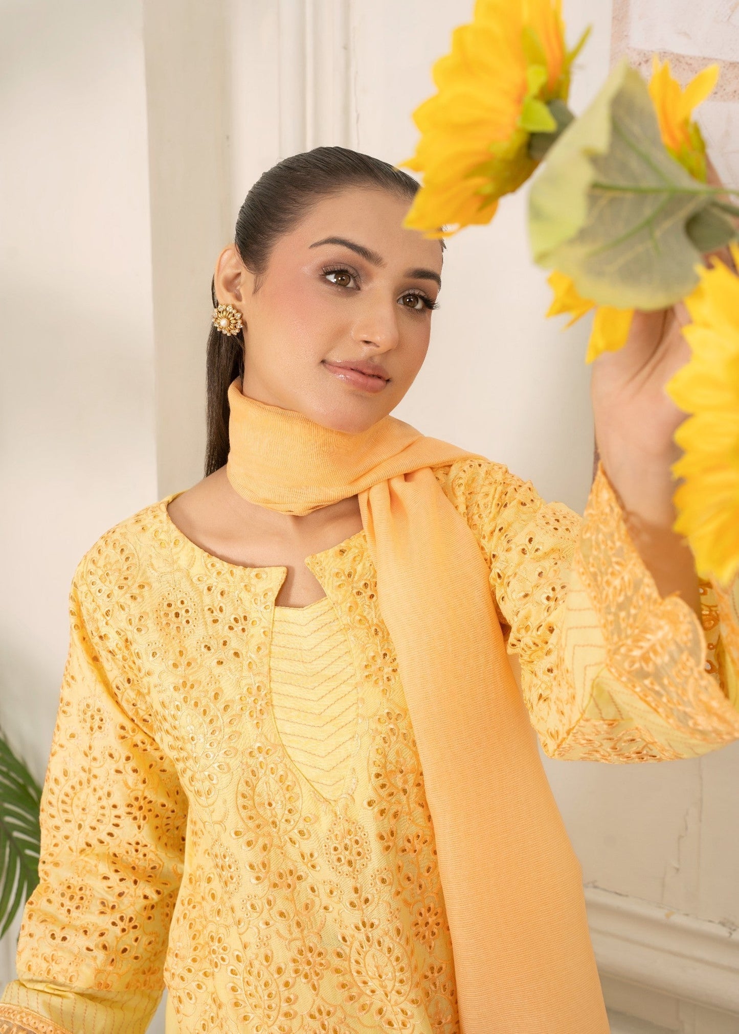 Yellow Cotton Embroidered Suit Online in Dubai DXB UAE Abudhabi Meena Bazaar