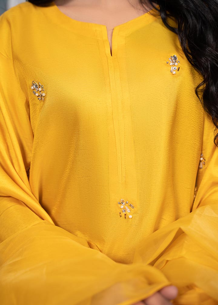 Yellow Embellished Silk Kurta with Wide Pants Online in Dubai UAE Abudhabi Ajman Sharjah