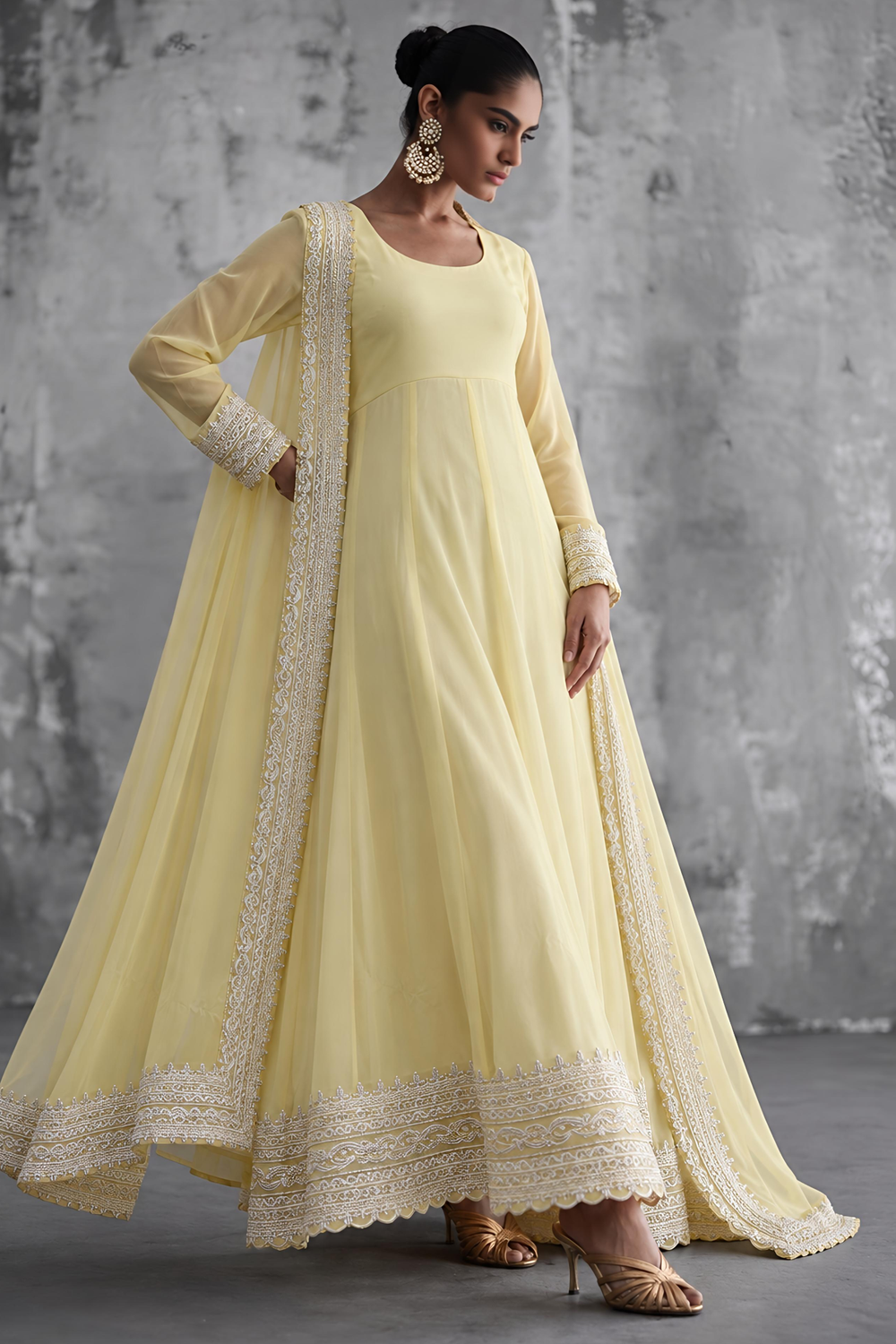 Yellow Embroidered Chiffon Maxi Suit Online in Dubai UAE Abudhabi Ajman Sharjah