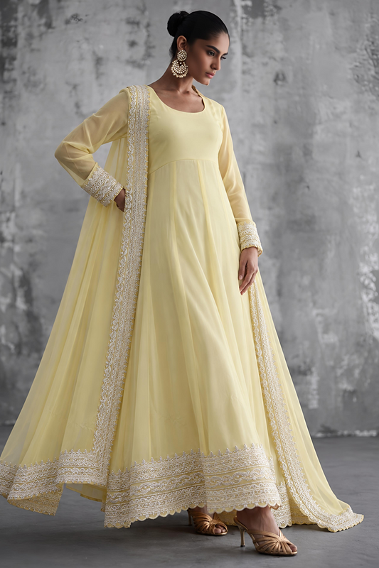 Yellow Embroidered Chiffon Maxi Suit Online in Dubai UAE Abudhabi Ajman Sharjah