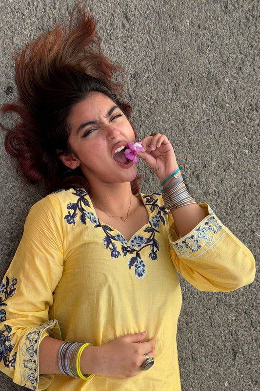 Yellow Embroidered Cotton Kurta Set Online in Dubai UAE Abudhabi Ajman Sharjah