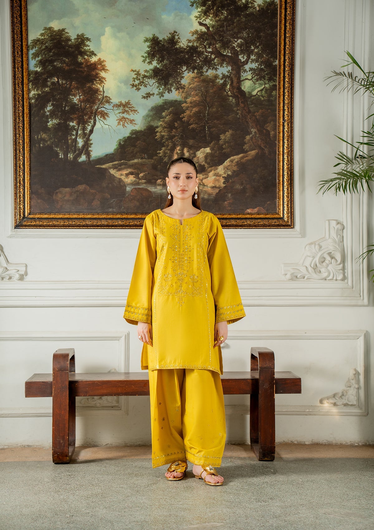 Yellow Embroidered Cotton Lawn Shalwar Kameez Online in Dubai DXB UAE Abudhabi Meena Bazaar
