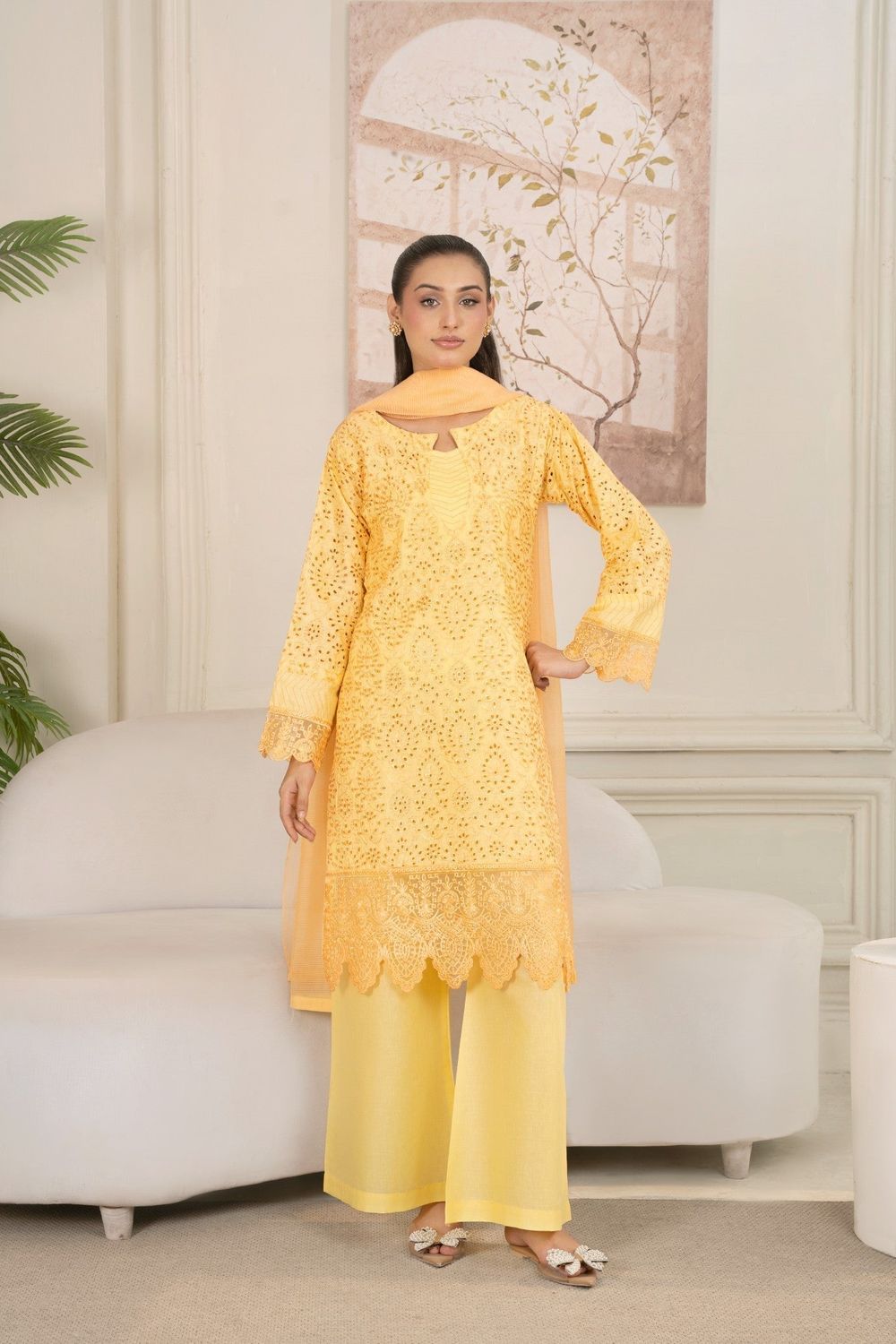 Yellow Embroidered Cotton Salwar Kameez Online in Dubai UAE Abudhabi Ajman Sharjah