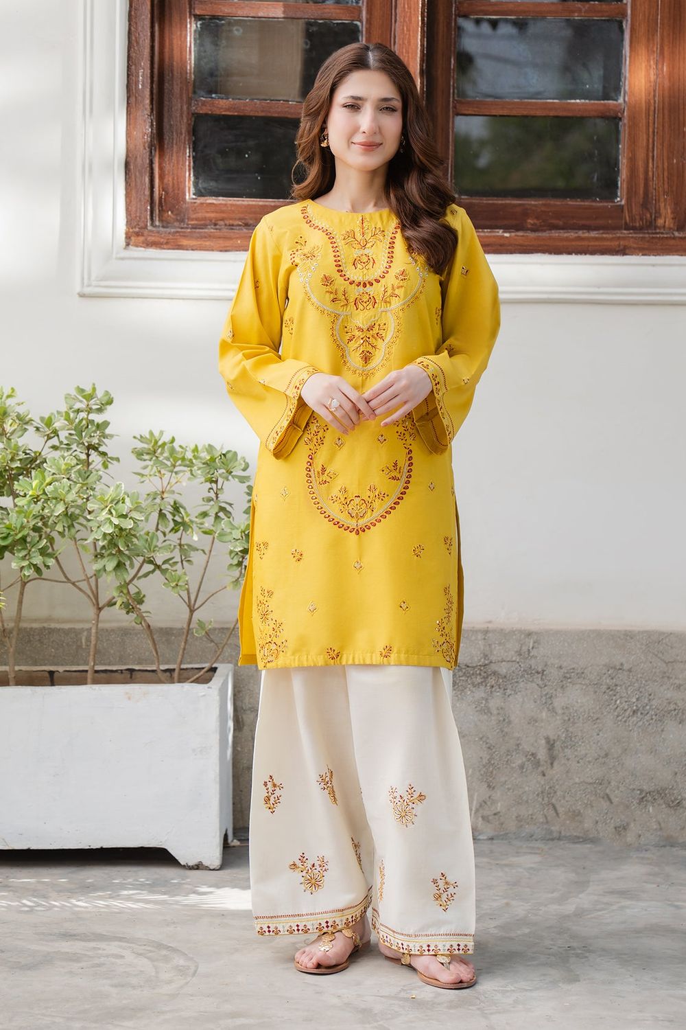 Yellow Embroidered Cotton Straight Kurta Shalwar Online in Dubai UAE Abudhabi Ajman Sharjah