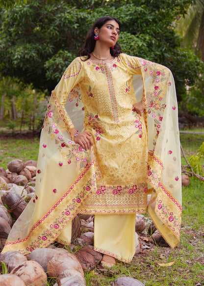 Yellow Embroidered Lawn 3 Piece Dress Material Online in Dubai DXB UAE Abudhabi Meena Bazaar