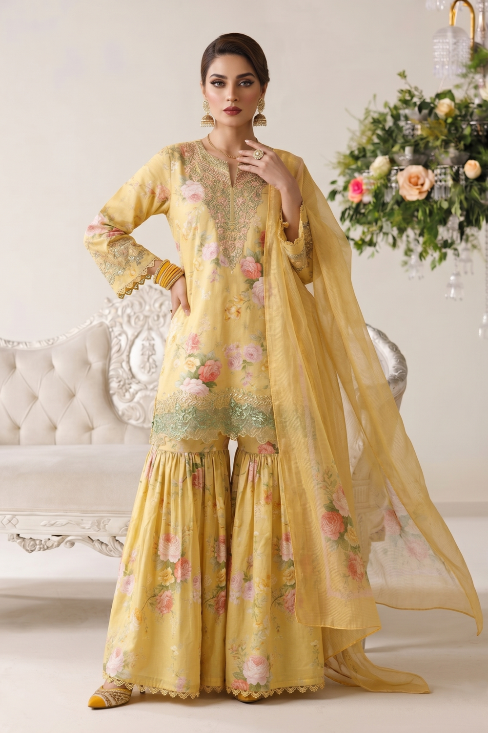 Yellow Embroidered Lawn Festive Gharara Online in Dubai UAE Abudhabi Ajman Sharjah