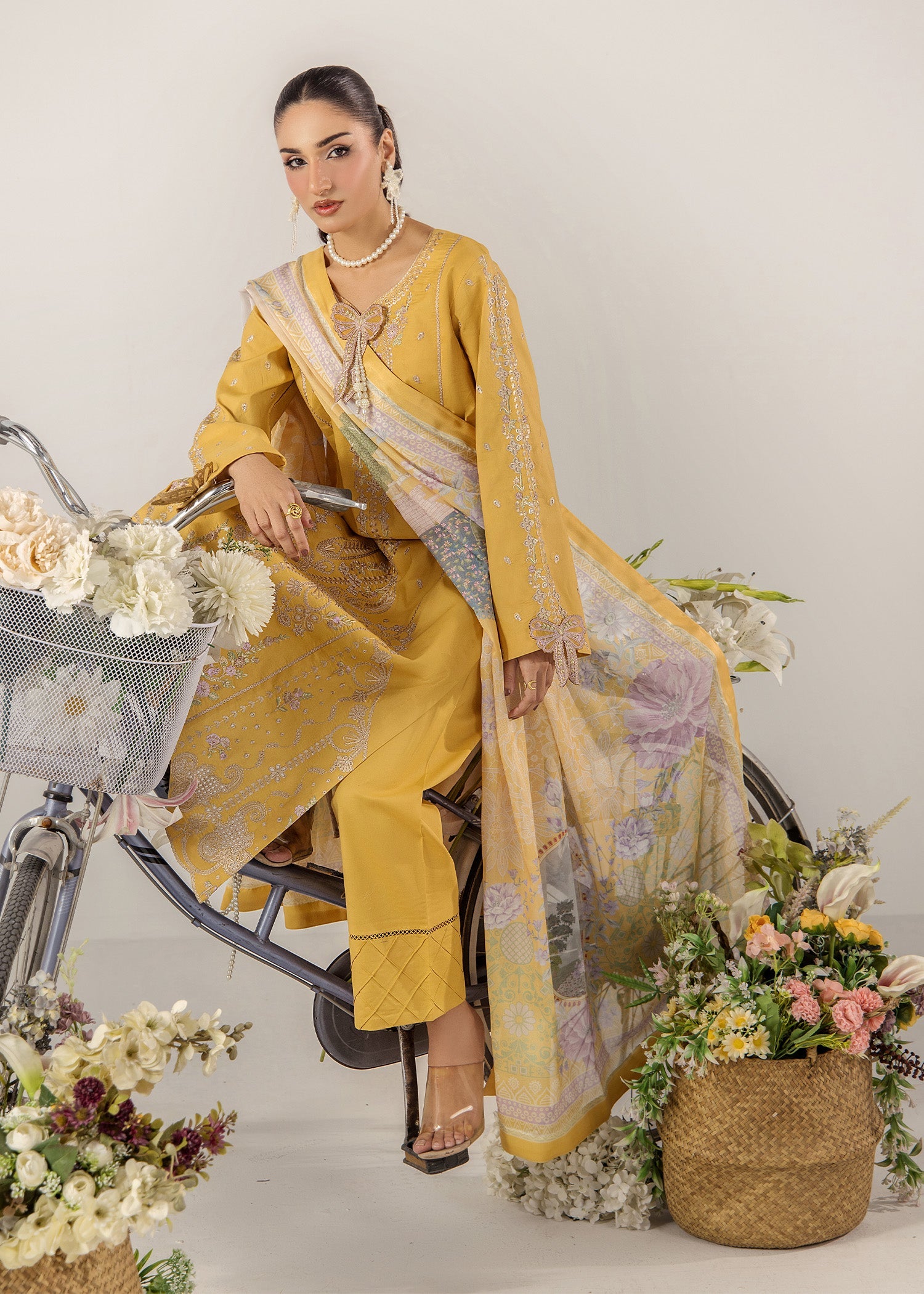 Yellow Embroidered Lawn Kurta Set Online in Sri Lanka India Australia