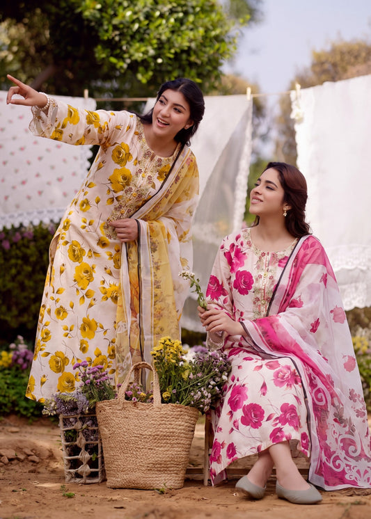 Yellow Embroidered Lawn Pakistani Suit Online in Dubai DXB UAE Abudhabi Meena Bazaar