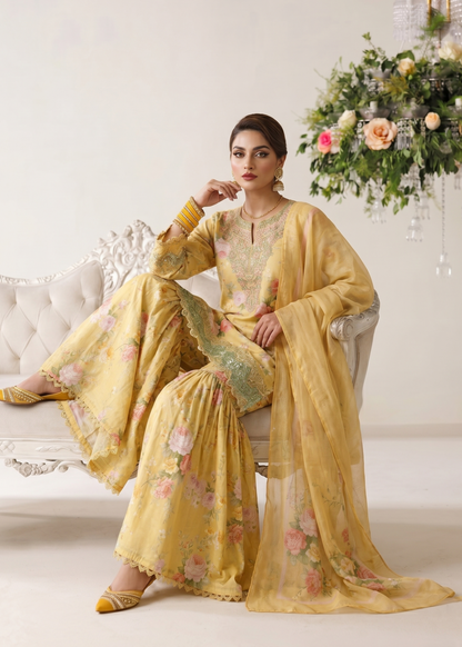 Yellow Embroidered Lawn Pakistani Suit Online in Dubai UAE Abudhabi Ajman Sharjah