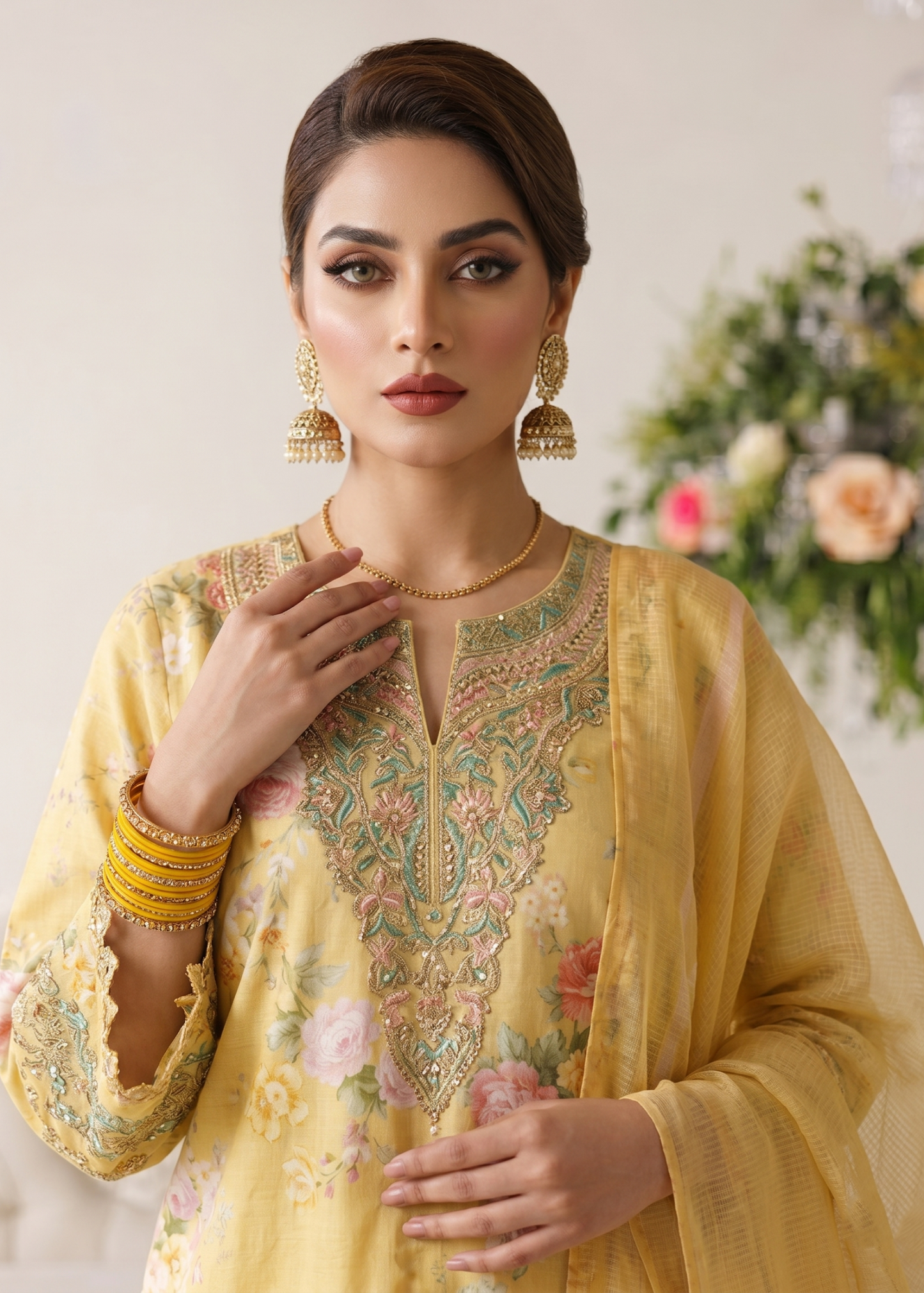 Yellow Embroidered Lawn Party Suit Online in Dubai DXB UAE Abudhabi Meena Bazaar