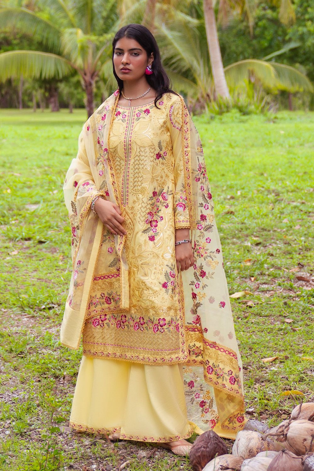 Yellow Embroidered Lawn Party Wear Suit Online in Dubai UAE Abudhabi Ajman Sharjah