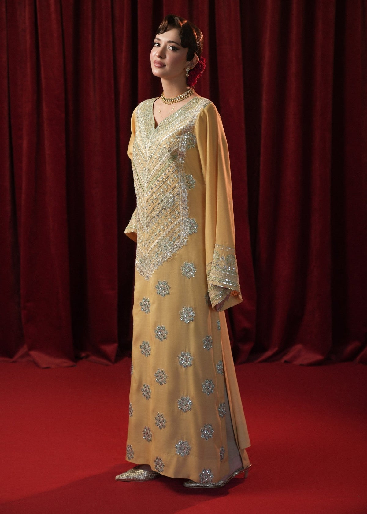 Yellow Embroidered Raw Silk Kaftan Online in Dubai DXB UAE Abudhabi Meena Bazaar