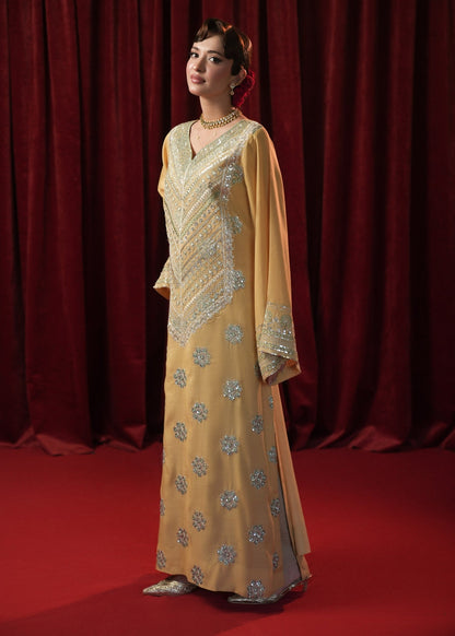 Yellow Embroidered Raw Silk Kaftan Online in Dubai DXB UAE Abudhabi Meena Bazaar