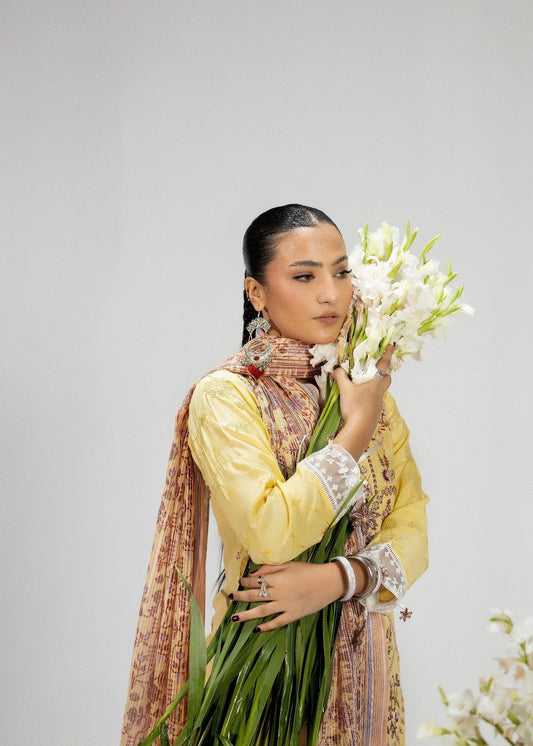 Yellow Embroidered Silk 3 Piece Suit Online in Dubai DXB UAE Abudhabi Meena Bazaar