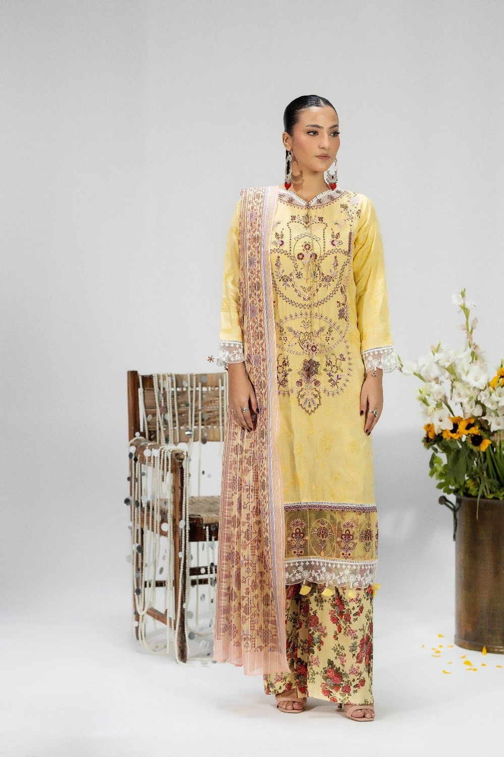 Yellow Embroidered Silk Festive Suit Online in Dubai UAE Abudhabi Ajman Sharjah