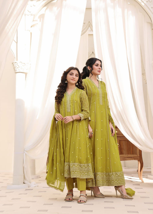 Yellow Green Embroidered Chiffon Pakistani Suit Online in Dubai DXB UAE Abudhabi Meena Bazaar